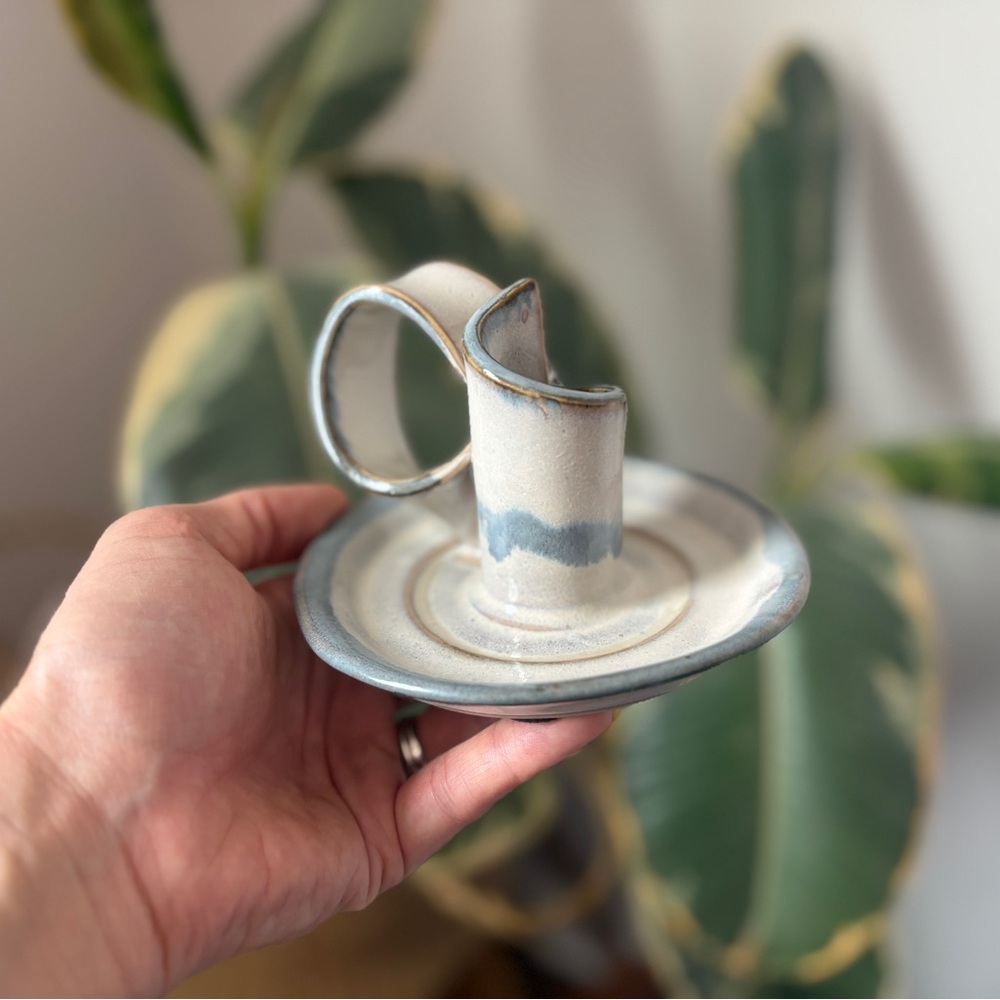 Handmade Pottery Candleholder Chamber-Style with Blue Accents Farmhouse Cottage